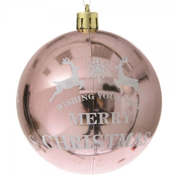 Χριστουγενιάτικη Μπάλα Ροζ, με Ελαφάκια και "Merry Christmas" (8cm)